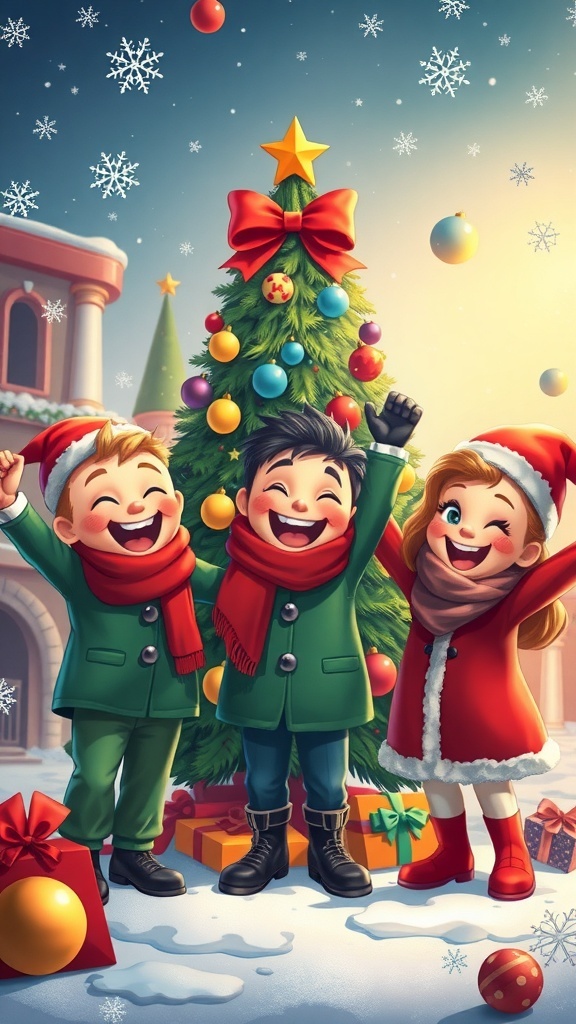 Festive Christmas wallpaper with three cheerful characters, snowflakes, and a decorated tree.